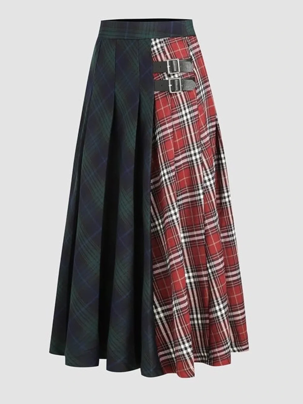 MID WAIST PATCHED CHECK BUCKLE MAXI SKIRT ~ Size Xl